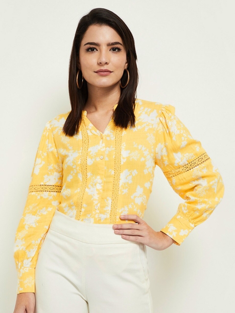 

max Yellow & White Floral Printed Mandarin Collar Shirt Style Top