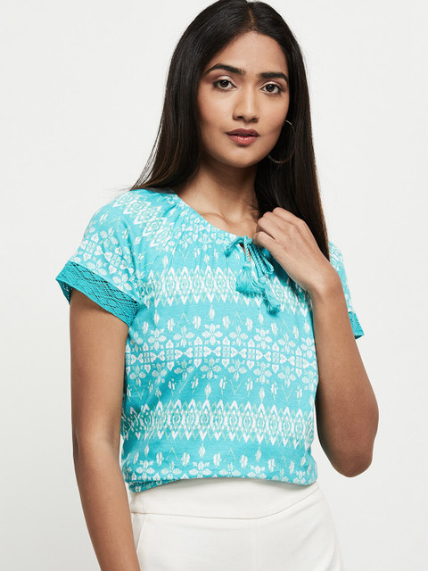 

max Blue & White Tie-Up Neck Blouson Longline Top