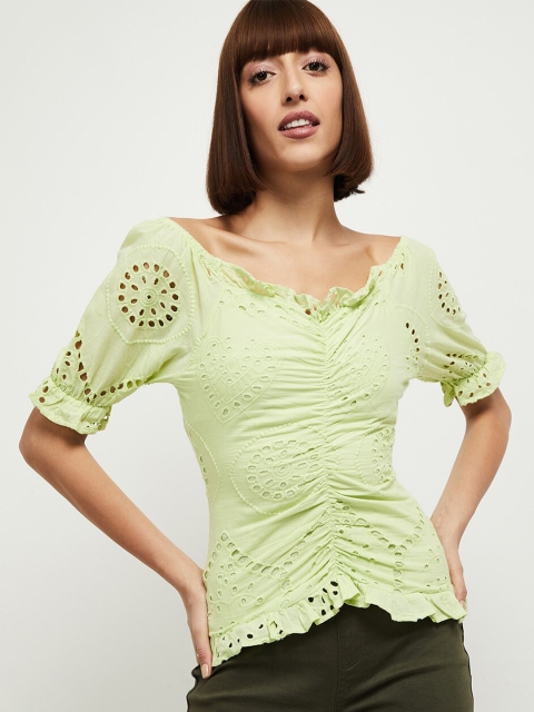 

max Green Self Design Cotton Fitted Top