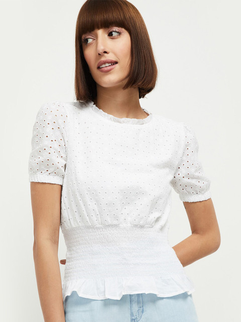 

max Cream-Coloured Smocked Cotton Cinched Waist Top