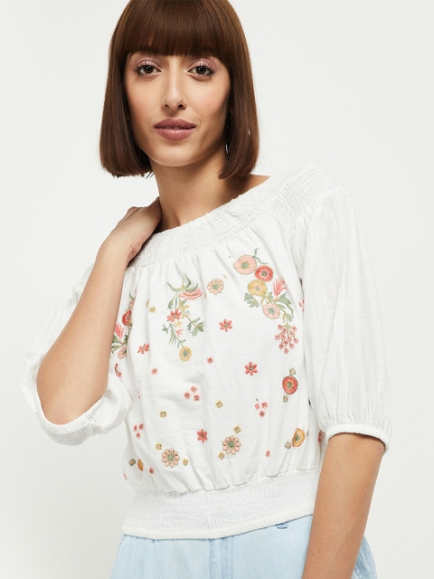 

max Cream-Coloured & Pink Floral Embroidered Cotton Blouson Top