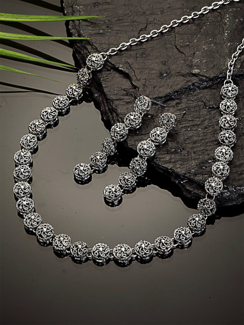 

KARATCART Oxidized Silver-Plating White Kundan-Studded Antique Jewellery Set