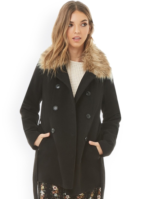 

FOREVER 21 Women Black Solid Double-Breasted Pea Coat