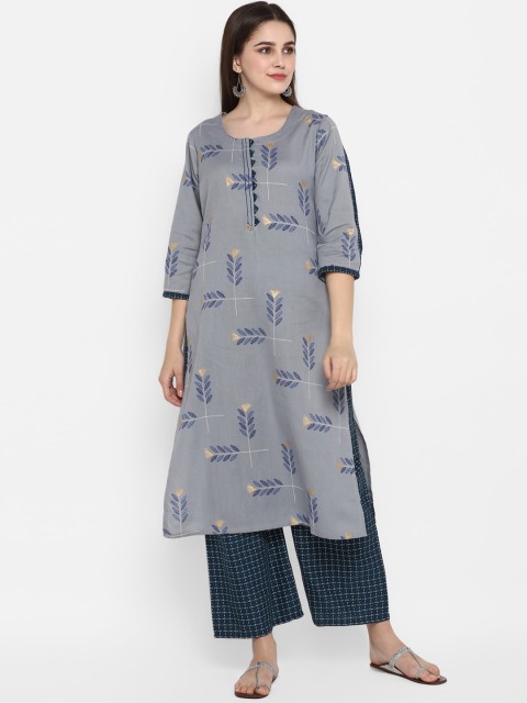 

ZOEYAMS Women Grey Floral Printed Keyhole Neck Kurta