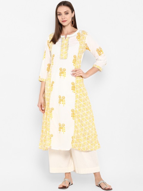 

ZOEYAMS Women White & seashell Floral Printed Thread Work Kurta