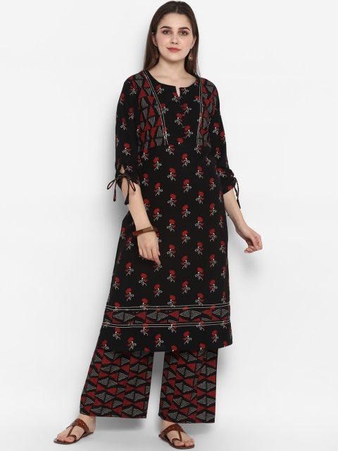 

ZOEYAMS Women Black & brown Floral Printed Keyhole Neck Kurta