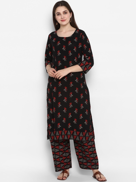 

ZOEYAMS Women Black Floral Printed Thread Work Kurta