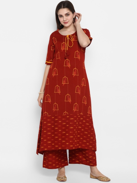 

ZOEYAMS Women Maroon Ethnic Motifs Printed Keyhole Neck Kurta