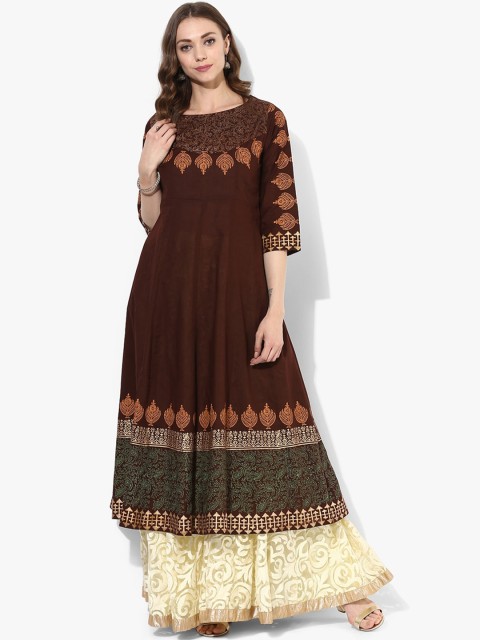 

ZOEYAMS Women Brown Floral Printed Thread Work Anarkali Kurta