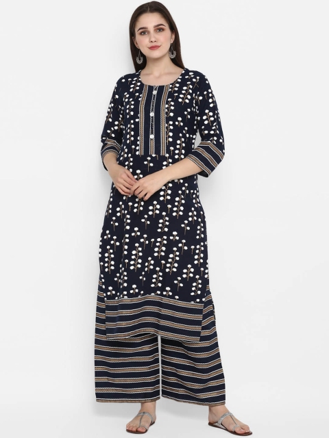 

ZOEYAMS Women Navy Blue Geometric Printed Mirror Work Kurta