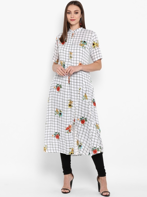 

ZOEYAMS Women White Checked Flared Sleeves Thread Work Anarkali Kurta