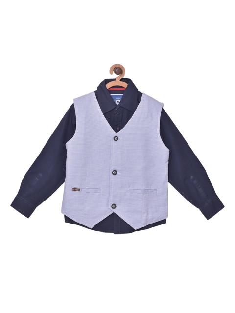 

612 league Boys Blue Opaque Casual Shirt With Waist Coat