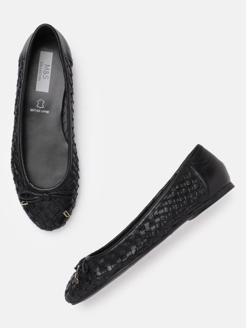 

Marks & Spencer Women Black Basket Weave Textured Leather Ballerinas with Bow