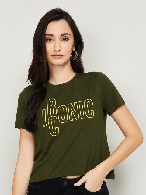 

Ginger by Lifestyle Women Olive Green Printed T-shirt