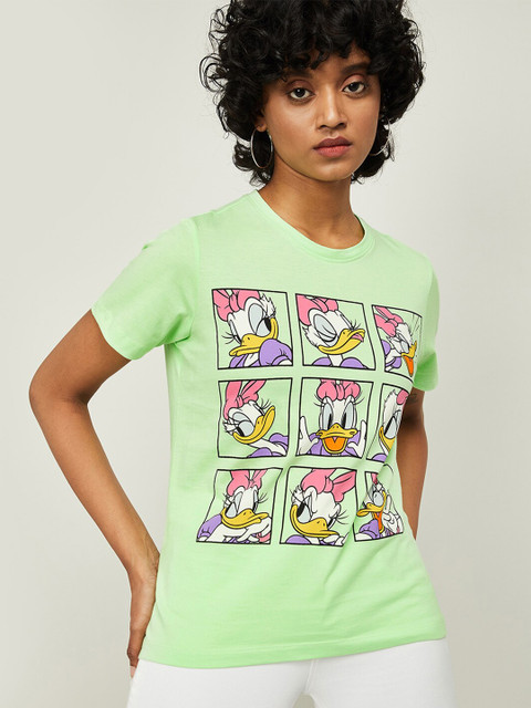 

Ginger by Lifestyle Women Green & Pink Donald Duck Printed T-shirt