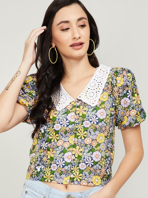

Ginger by Lifestyle Green & Yellow Floral Printed Regular Crop Top