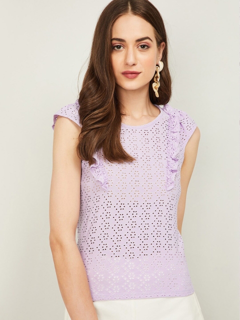 

Bossini Women Purple Ruffles Schiffli Regular Top