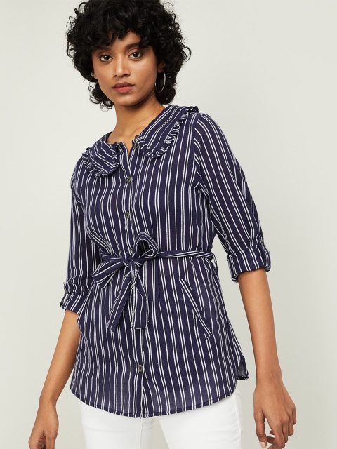 

Fame Forever by Lifestyle Navy Blue Striped Peter Pan Collar Shirt Style Top