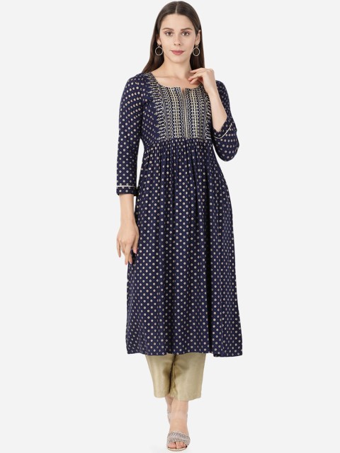 

GOLDSTROMS Women Navy Blue & Gold-Toned Ethnic Motifs Printed Flared Sleeves Anarkali Kurta