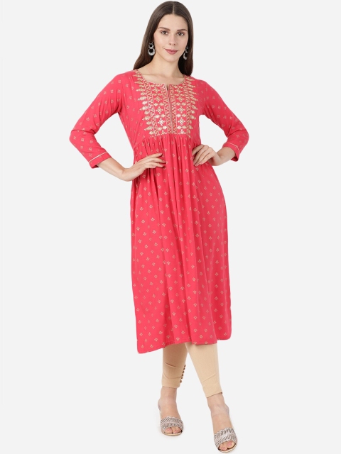

GOLDSTROMS Women Pink & Gold-Toned Embroidered Kurta