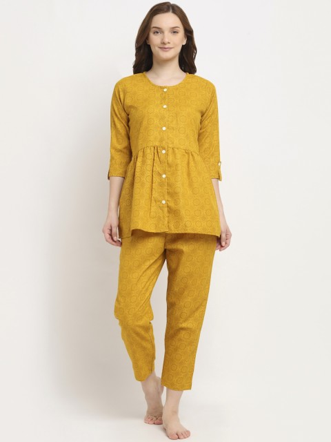

Aujjessa Women Mustard Printed Pure Cotton Night suit
