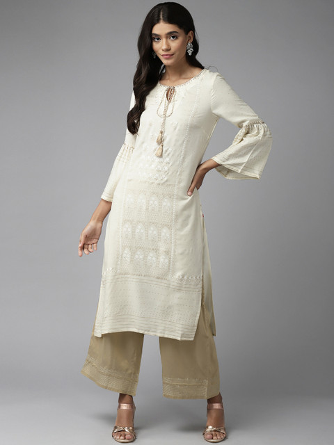 

W Women Off White Ethnic Motifs Printed Sequinned Kurta with Palazzos