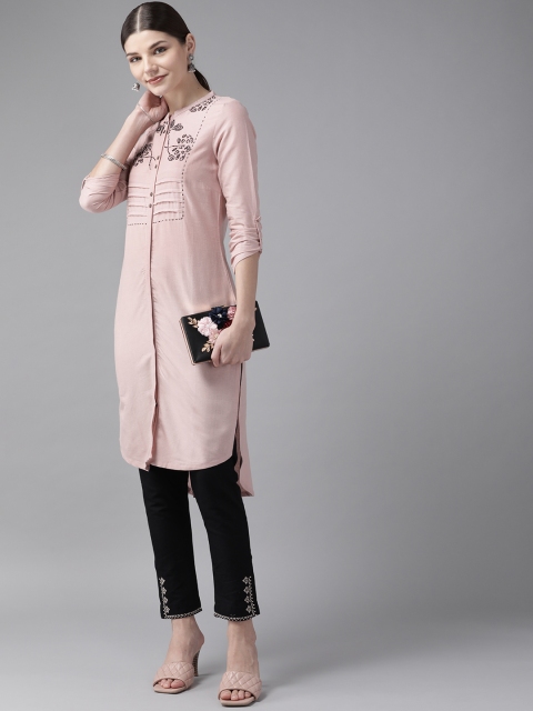 

W Women Pink & Black Yoke Design Kurta with Solid Trousers