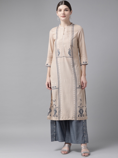 

W Women Beige & Blue Ethnic Motifs Printed Kurta with Palazzos