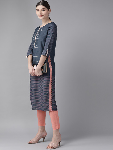 

W Women Blue Liva Striped Regular Kurta with Trousers