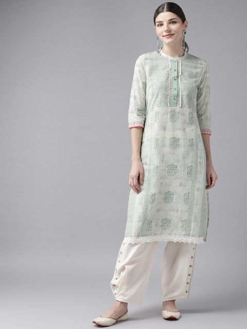

W Women Green & Off-White Printed Regular Pure Cotton Kurta with Salwar