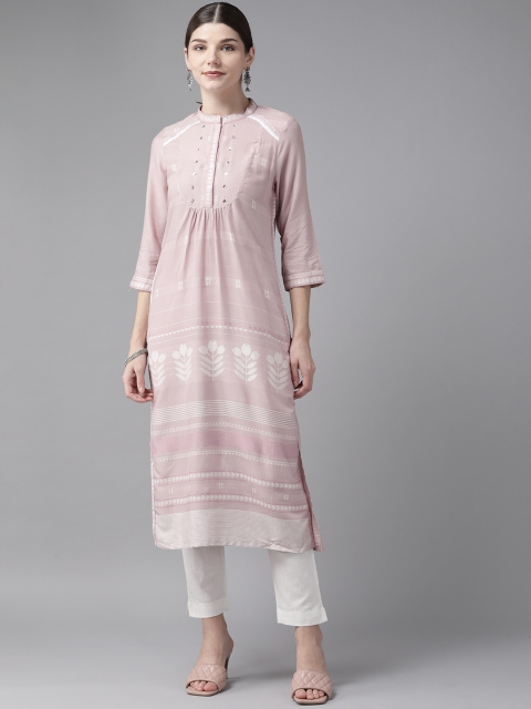 

W Women Pink & White Ethnic Motifs Regular Sequinned Kurta with Trousers