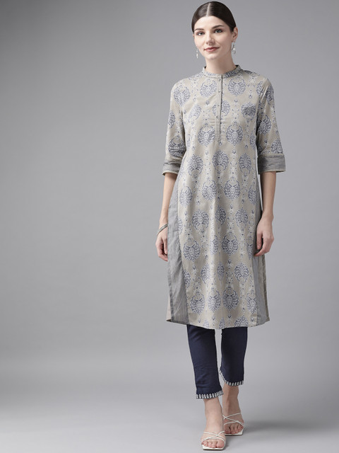 

W Women Grey & Navy Blue Ethnic Motifs Printed Kurta with Trousers
