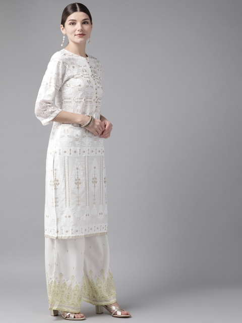

W Women White& Golden Ethinc Motif Printed Cotton Regular Kurta with Palazzos