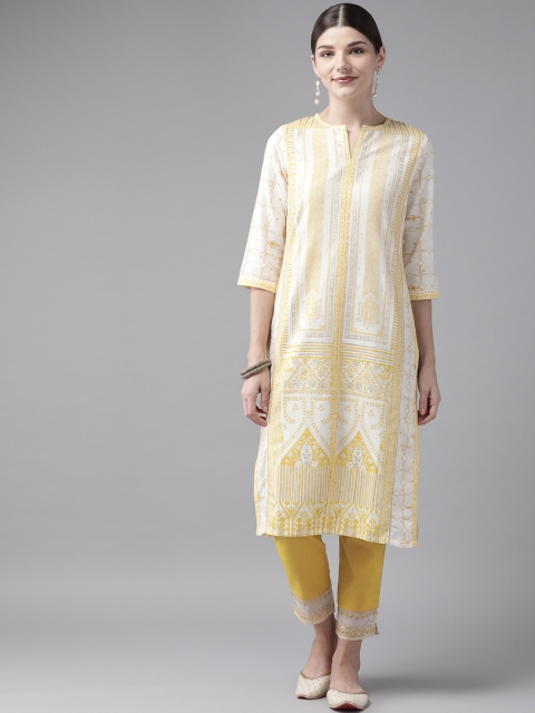 

W Women Off-White & Mustard Yellow Ethnic Motifs Printed Kurta with Trousers