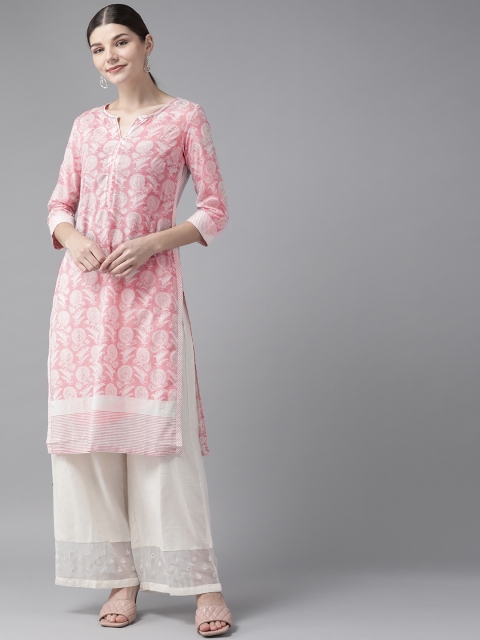 

W Women Pink & Off-White Ethnic Motifs Printed Pure Cotton Kurta with Hem Design Palazzos