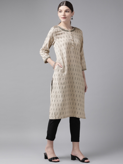 

W Women Beige & Black Woven Design Regular Kurta with Trousers