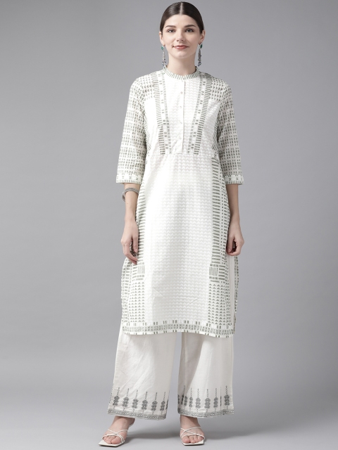 

W Women Off-White & Green Ethnic Motifs Printed Pure Cotton Kurta with Palazzos