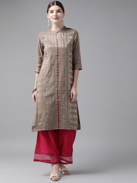 

W Women Taupe & Pink Zari Woven Design Kurta with Palazzos