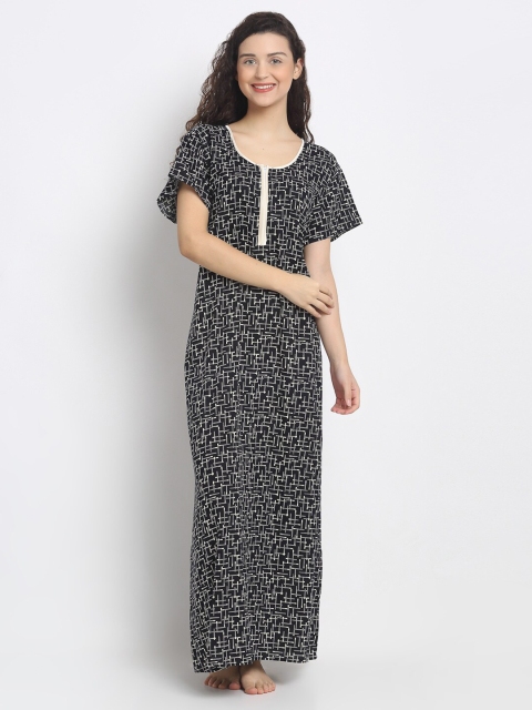 

Secret Wish Women Black & off White Geometric Printed Cotton Nightdress