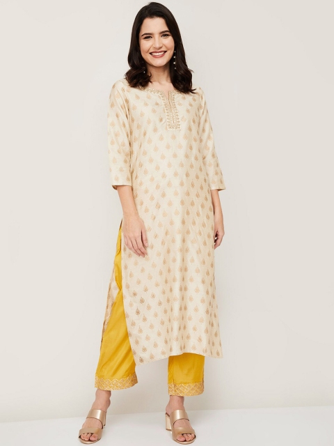 

Melange by Lifestyle Women Beige & Gold-Toned Floral Printed Regular Kurta Set & Dupatta