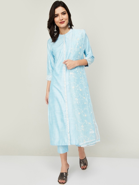 

Melange by Lifestyle Women Blue Floral Embroidered Layered Kurta With Trousers & Dupatta