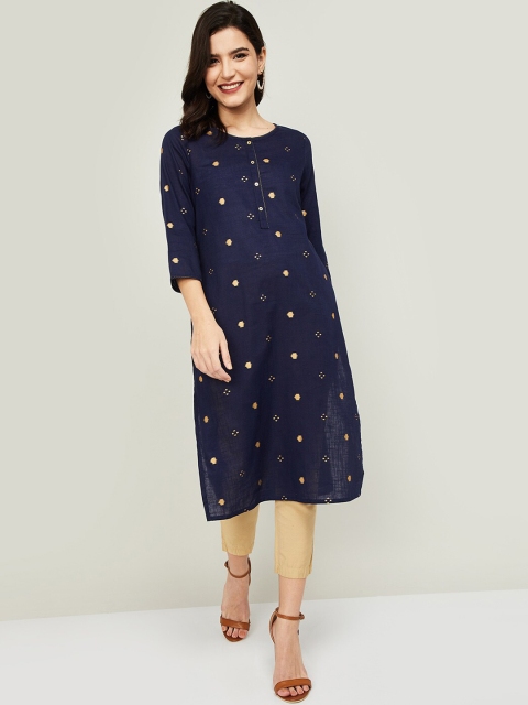 

Melange by Lifestyle Women Navy Blue & Beige Printed Pure Cotton Straight Kurta