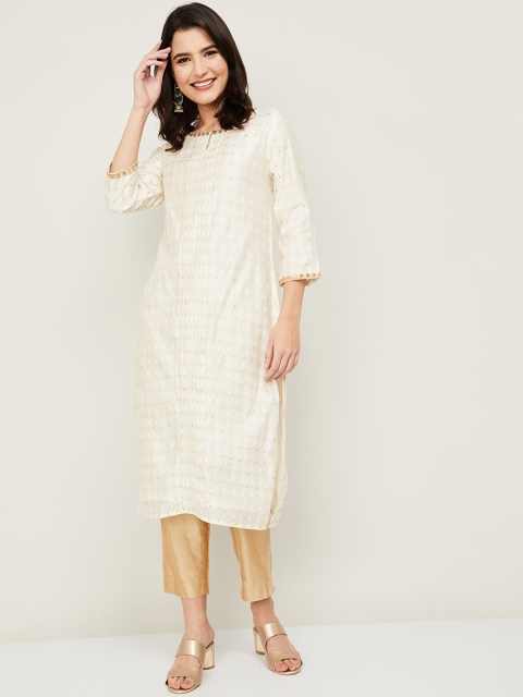 

Melange by Lifestyle Women Off White & Gold-Toned Geometric Printed Keyhole Neck Mirror Work Kurta