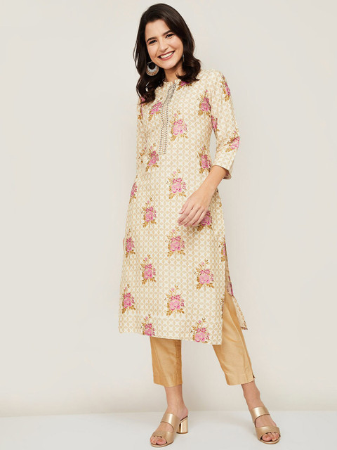 

Melange by Lifestyle Women Off White & Gold-Toned Floral Printed Kurta