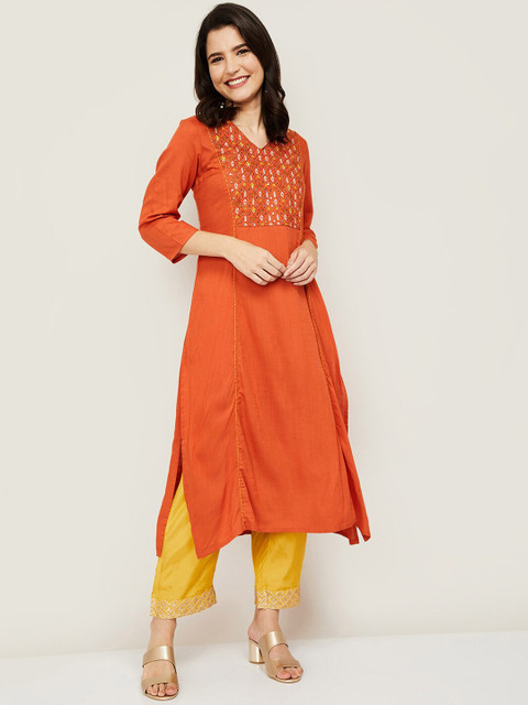 

Melange by Lifestyle Women Rust Orange Floral Yoke Design Thread Work Kurta