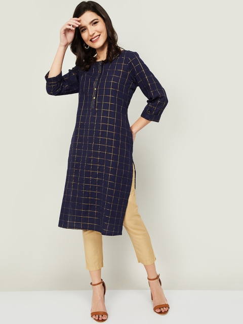 

Melange by Lifestyle Women Navy Blue & Gold-Toned Checked Pure Cotton Kurta