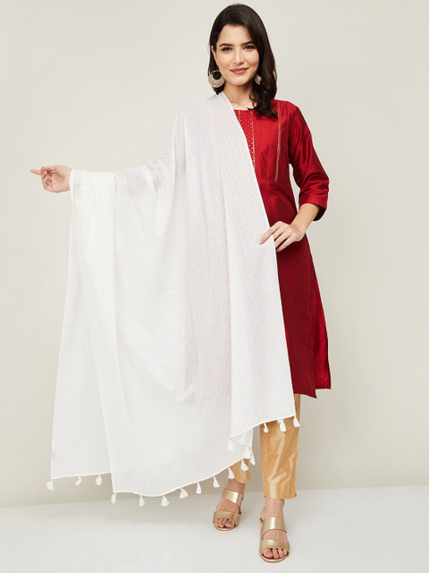 

Melange by Lifestyle White & Gold-Toned Striped Pure Cotton Dupatta