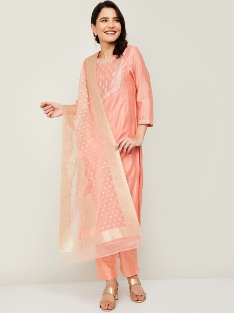 

Melange by Lifestyle Women Peach-Coloured Ethnic Motifs Empire Kurta Set & Dupatta