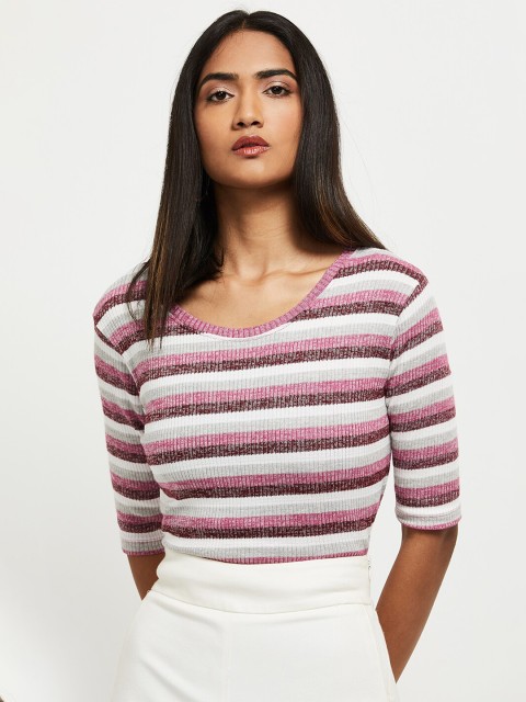 

max Women Pink & White Striped T-shirt