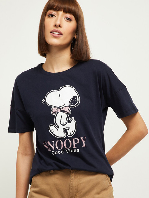 

max Women Navy Blue & White Snoopy Printed T-shirt
